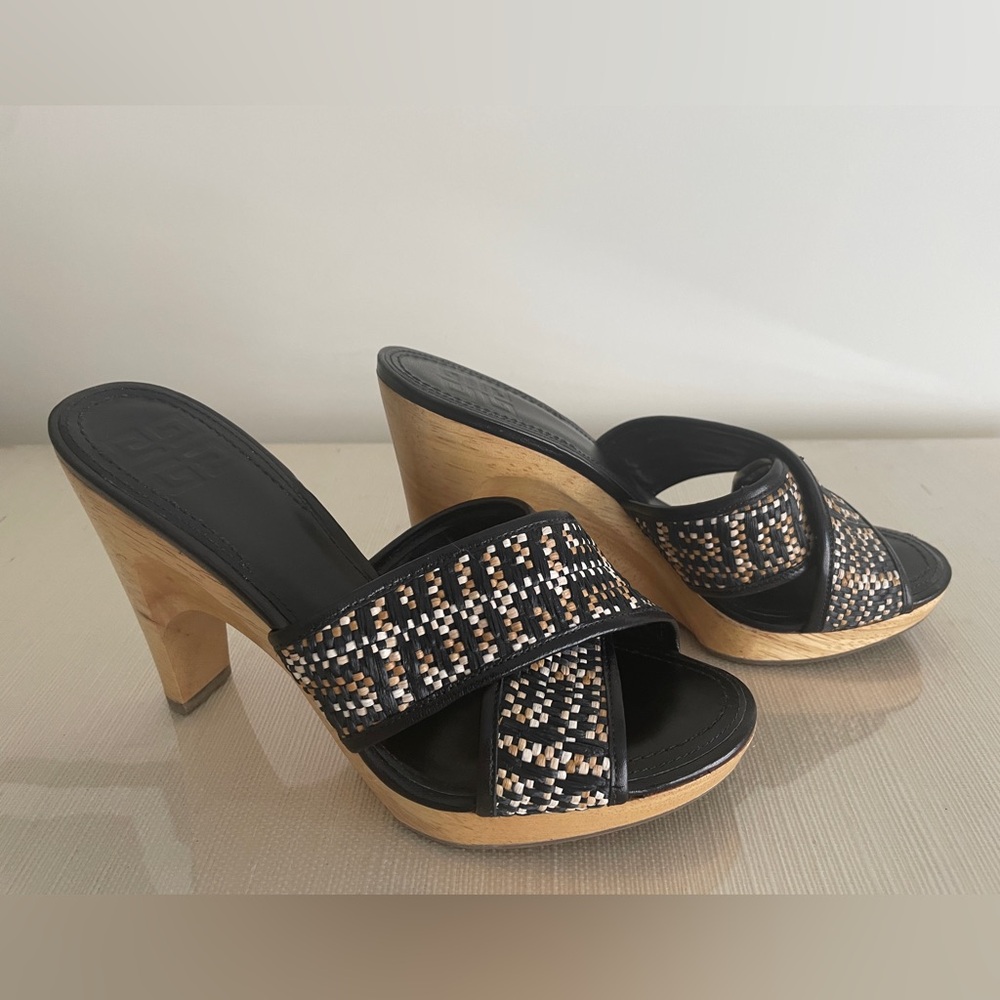 Givenchy Black and Tan Woven Leather Wedge Sandals